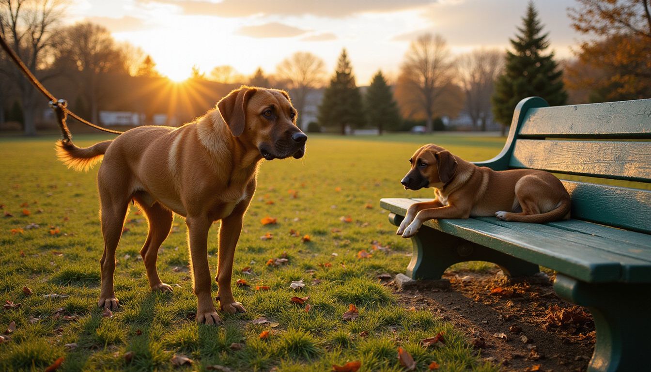A tense medium-sized dog on a leash contrasts with a relaxed dog on a bench in a suburban park.