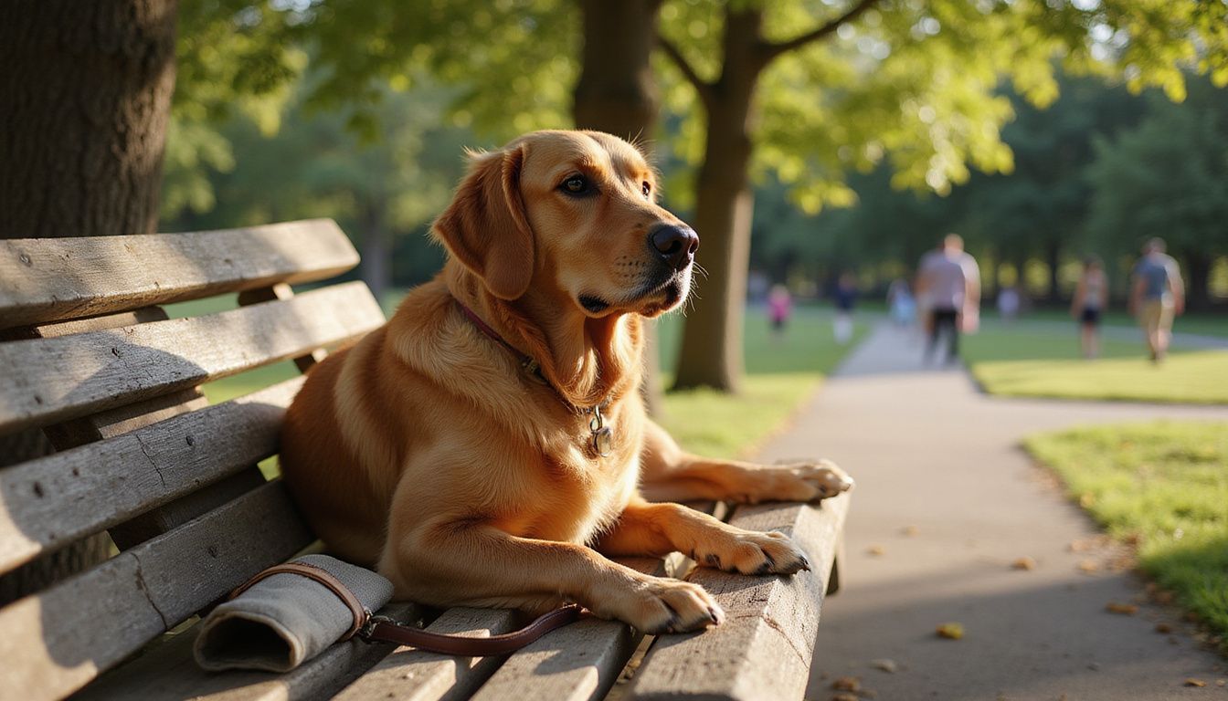 A mature golden retriever sits on a weathered bench, attentively watching dogs in the distance at a park.