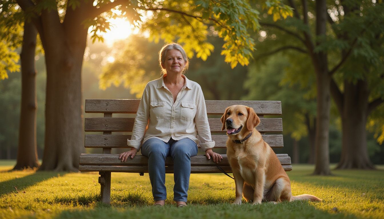 A relaxed middle-aged woman sits on a weathered bench with her calm golden retriever beside her.