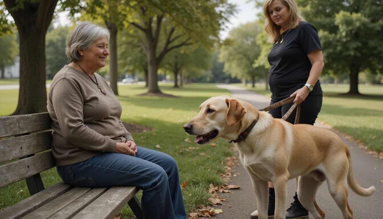 A middle-aged woman sits calmly on a bench, observing her dog interact with another dog in a park.