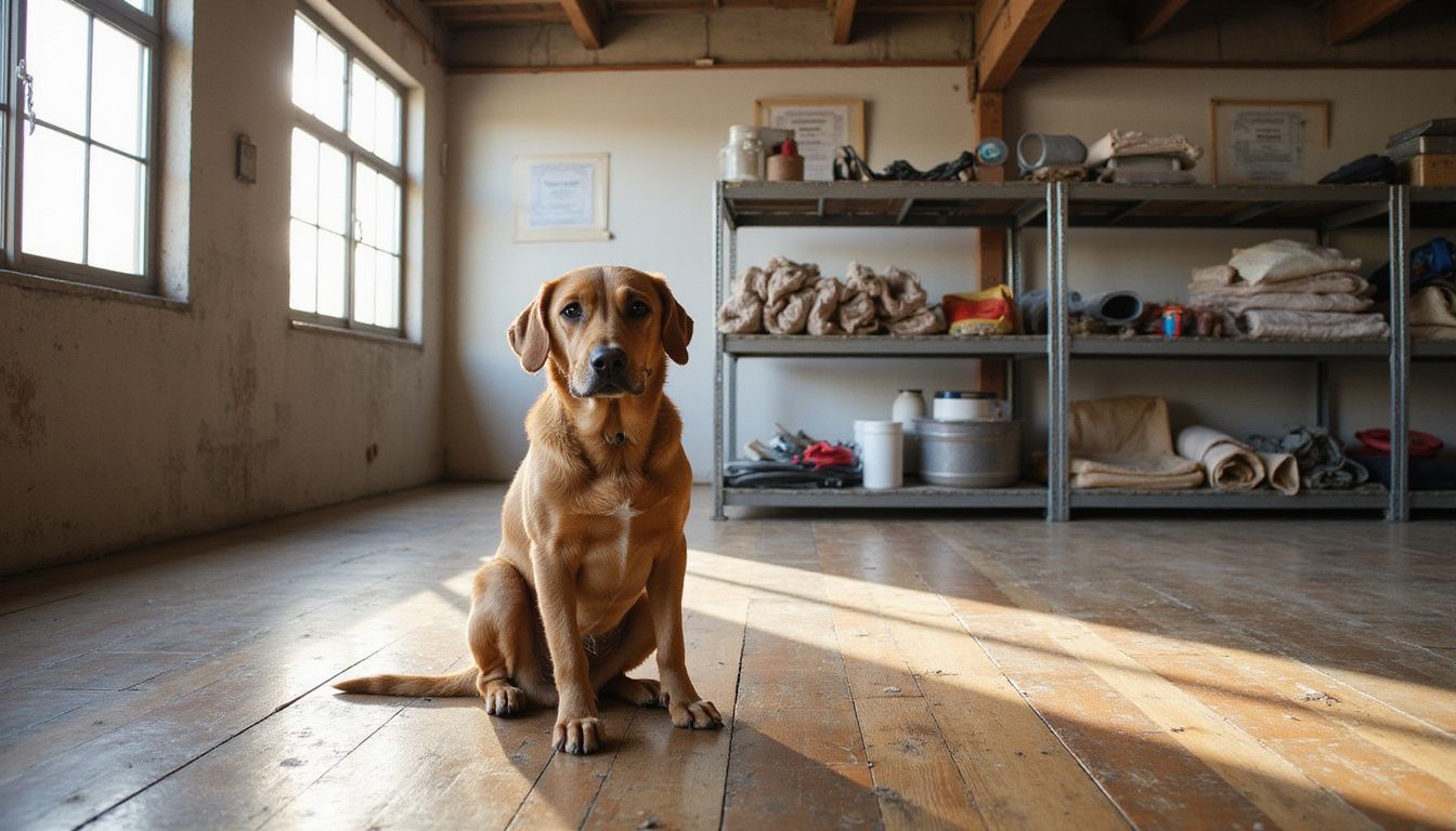 An anxious dog sits on the worn wooden floor of a professional dog training facility surrounded by training equipment.