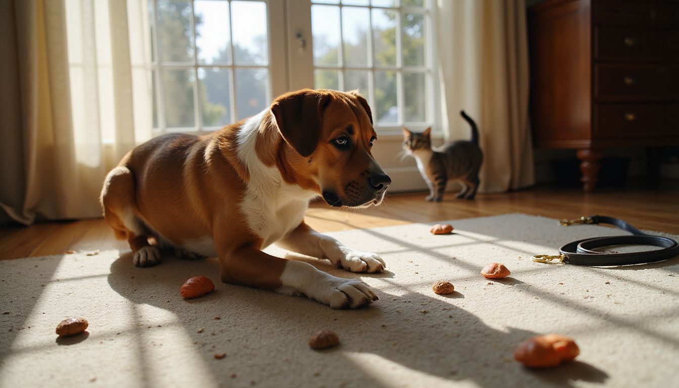 A tense mixed breed dog fixates on a vigilant tabby cat standing in the doorway of a sunlit living room.