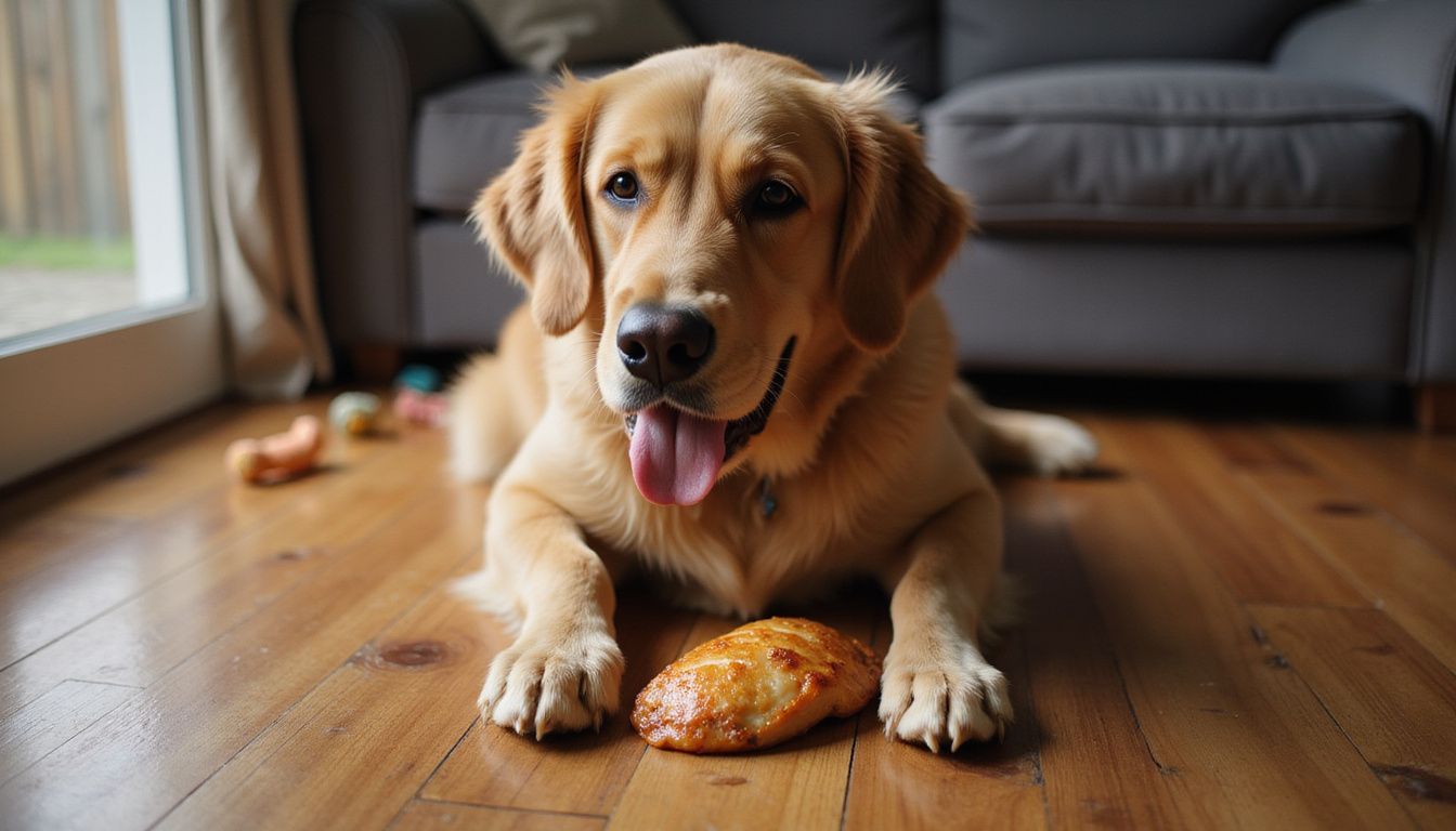A golden retriever sits attentively on hardwood flooring, focused on a piece of chicken nearby.