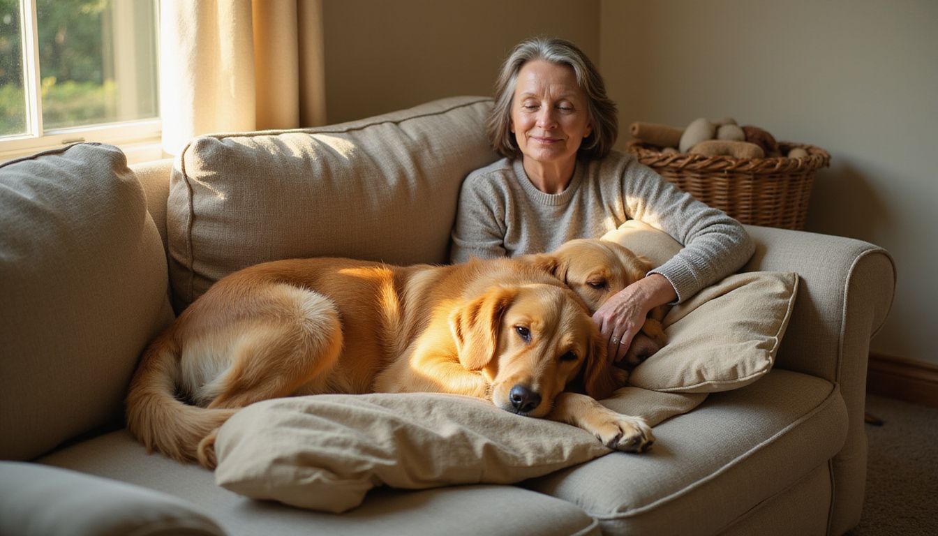 A relaxed woman sits on a couch with a resting golden retriever, embodying a peaceful domestic moment.