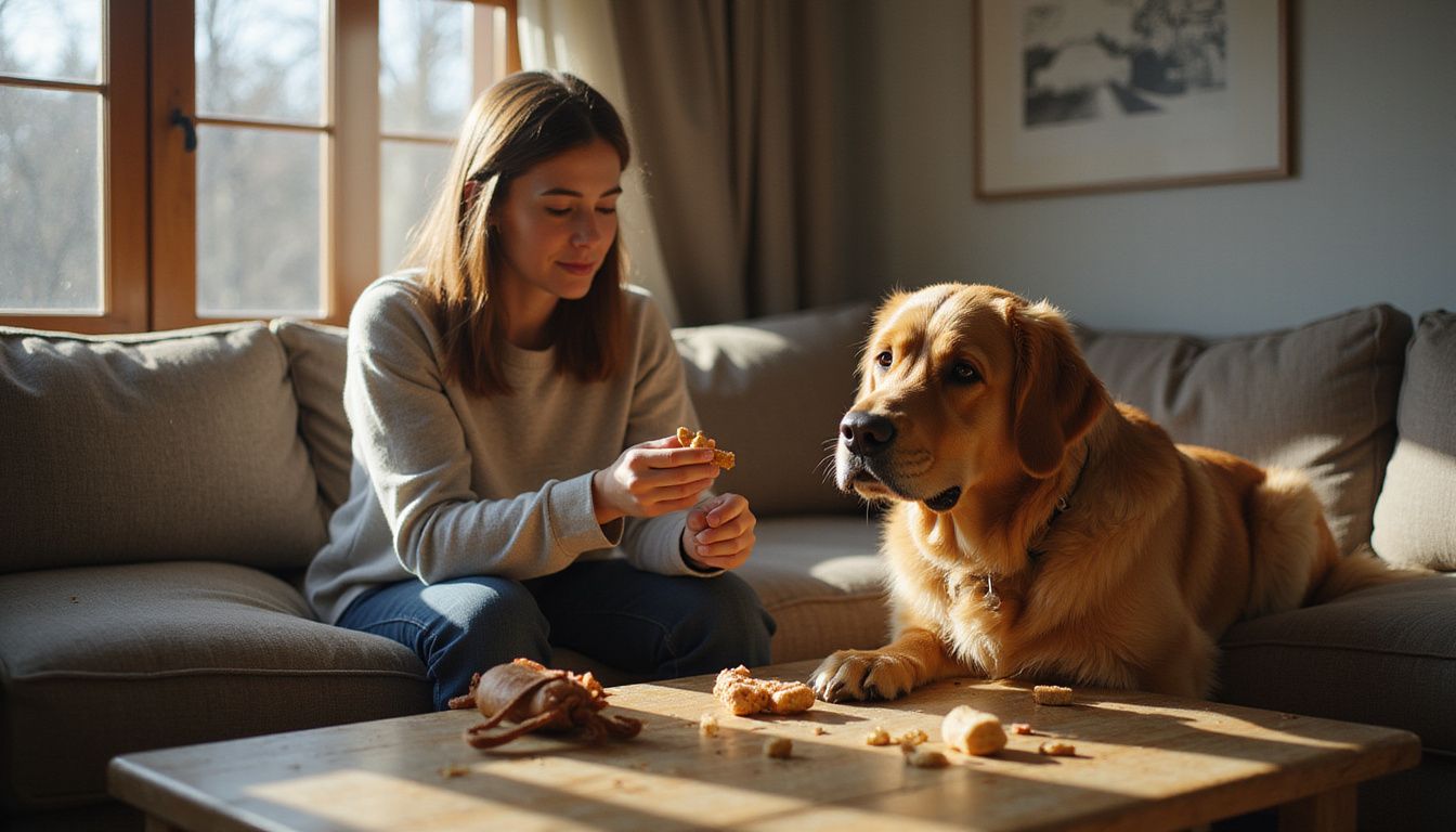 A person sits relaxed on a couch, rewarding a focused golden retriever with a training treat in a cozy living room.