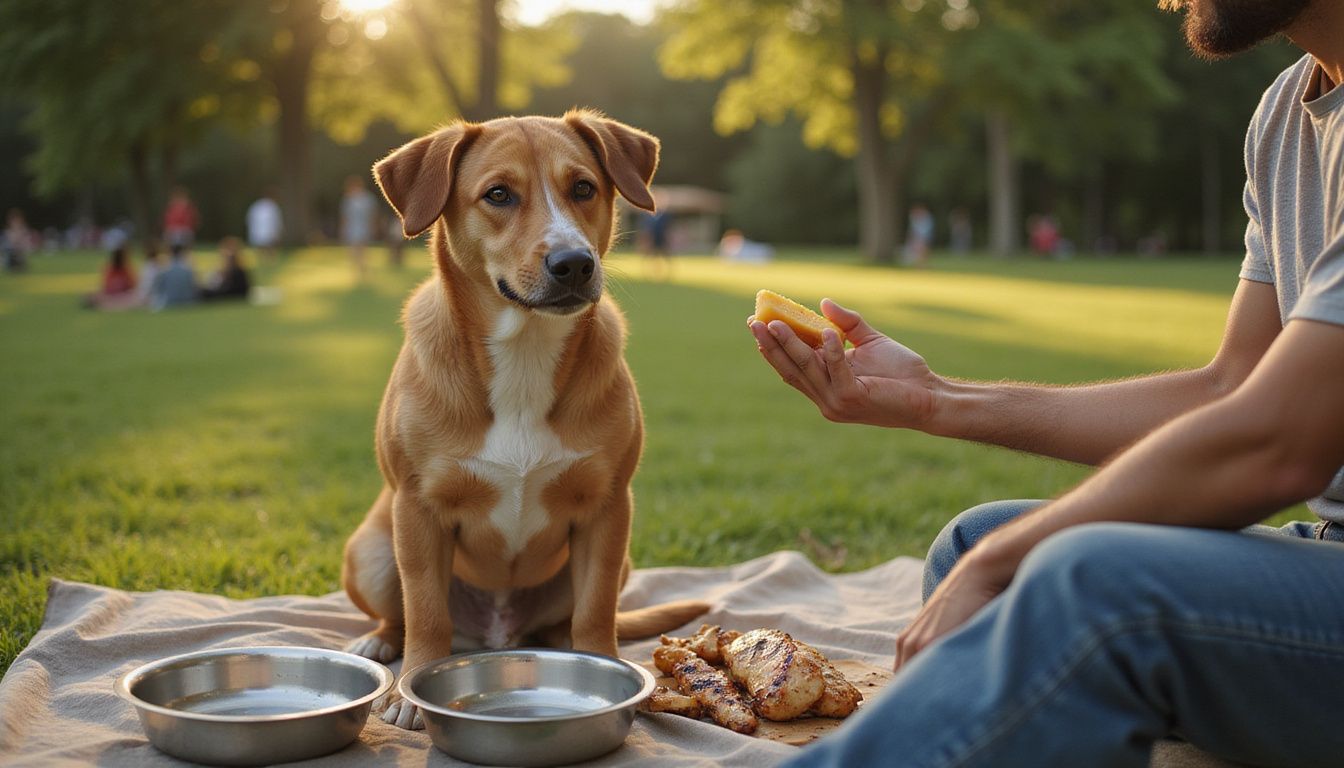 A muscular dog eagerly awaits treats from its smiling owner on a weathered park bench during golden hour.