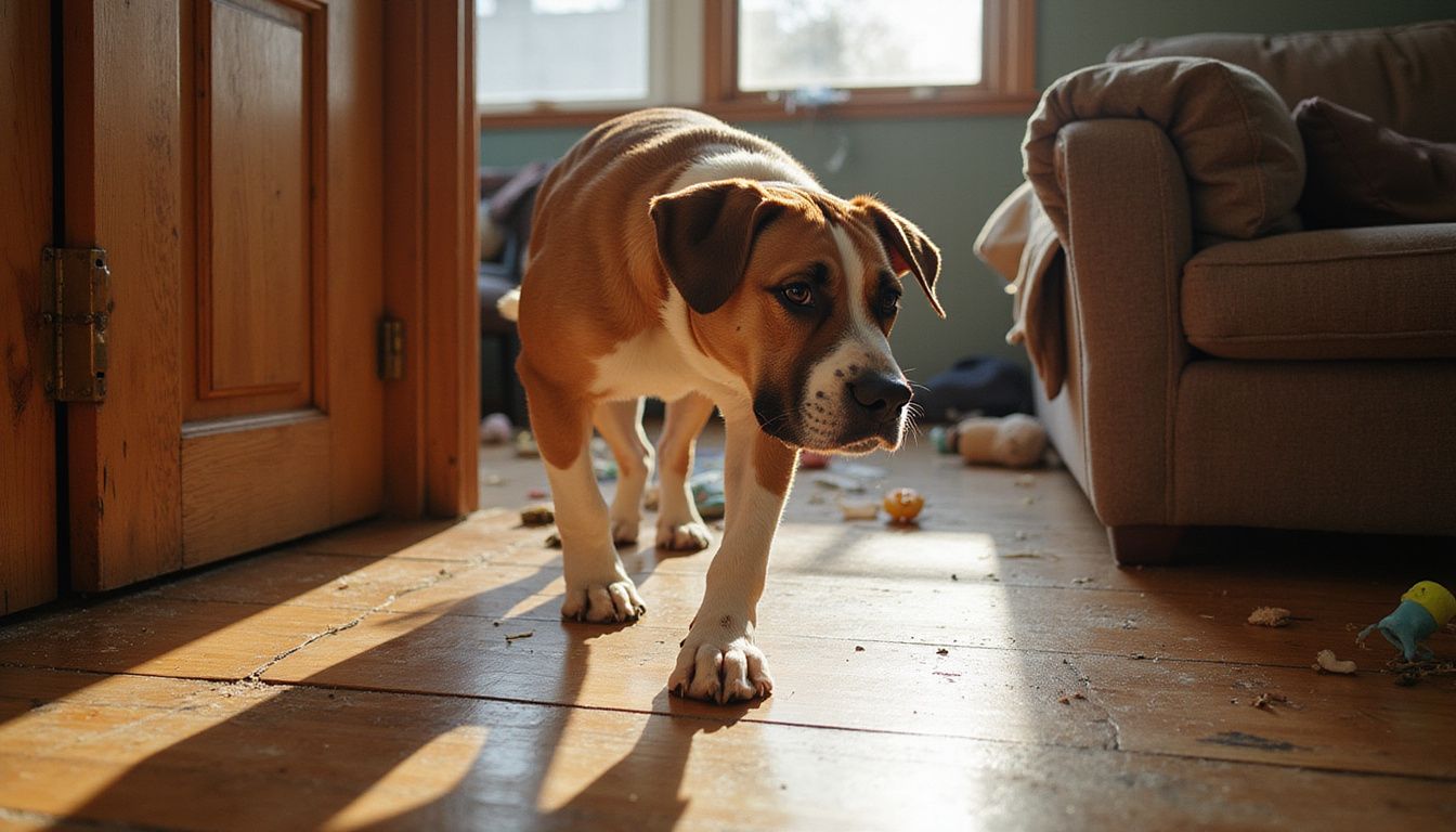 A frightened mixed breed dog cowers in a living room corner, displaying visible anxiety and distress.