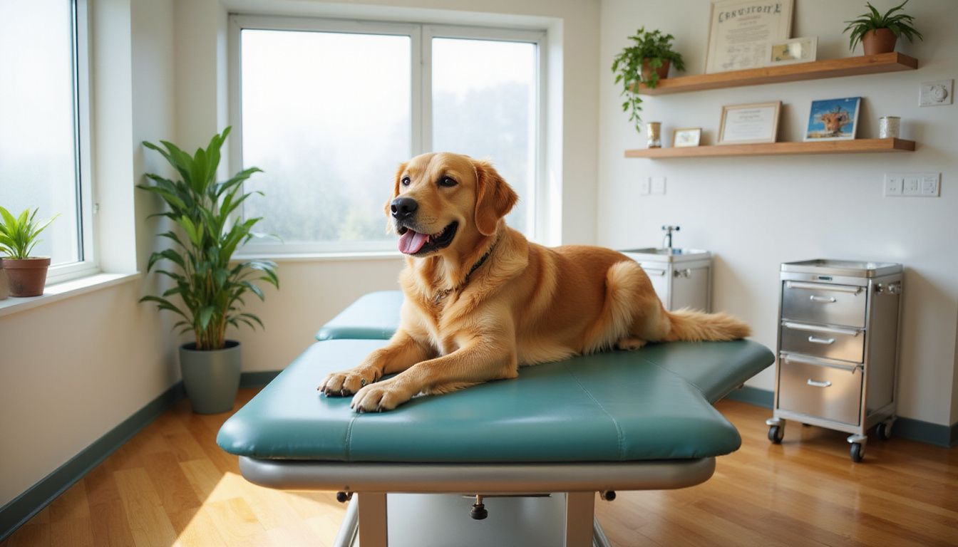 A relaxed golden retriever lies on a veterinary examination table, surrounded by a calming, modern clinic ambiance.