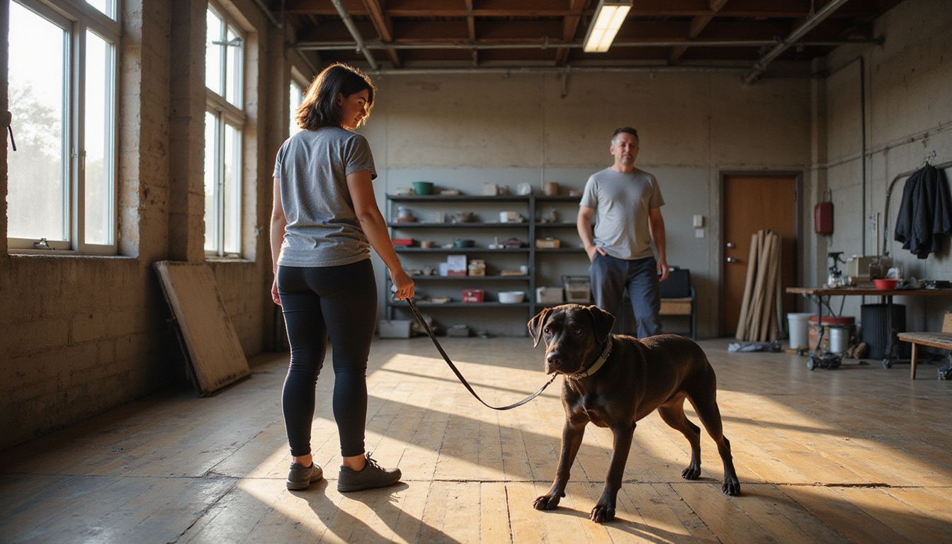 A focused dog trainer calmly guides a tense dog in a well-used training facility while a man observes attentively.