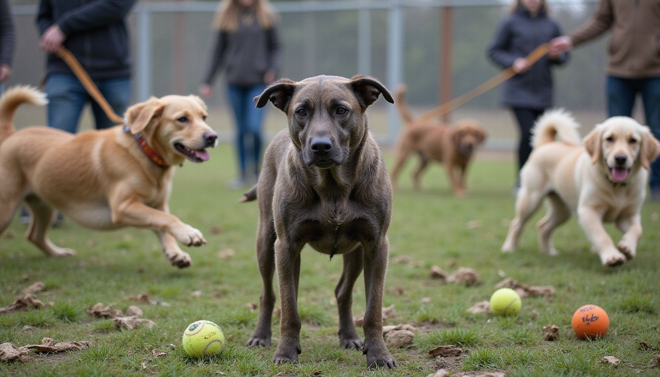 An anxious mixed-breed dog stands stiffly in a lively park, surrounded by exuberant, playful dogs and their owners.