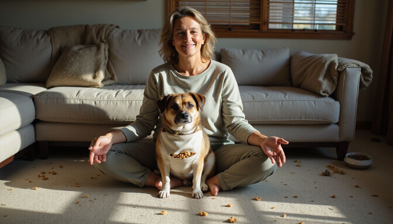 A serene woman sits cross-legged with a attentive mixed-breed dog.
