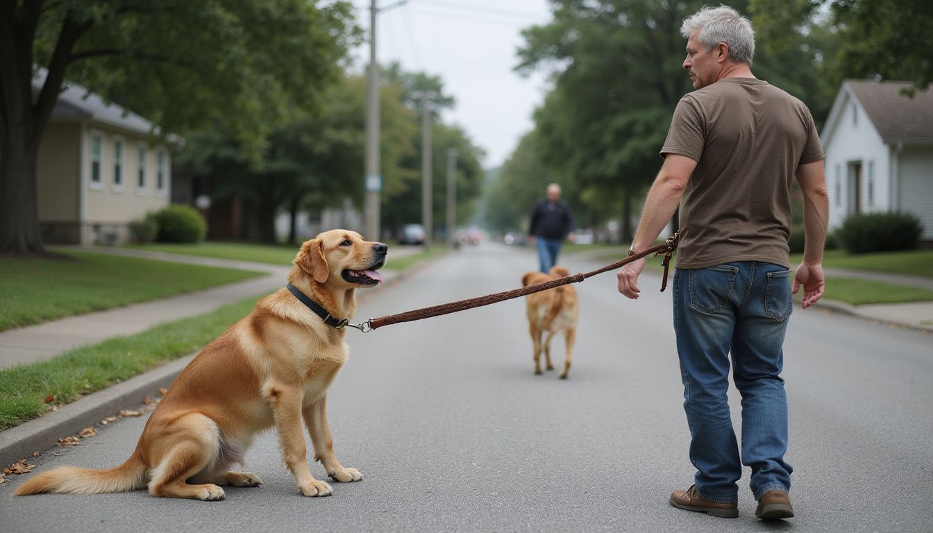 A man commands his golden retriever while walking on a residential street.