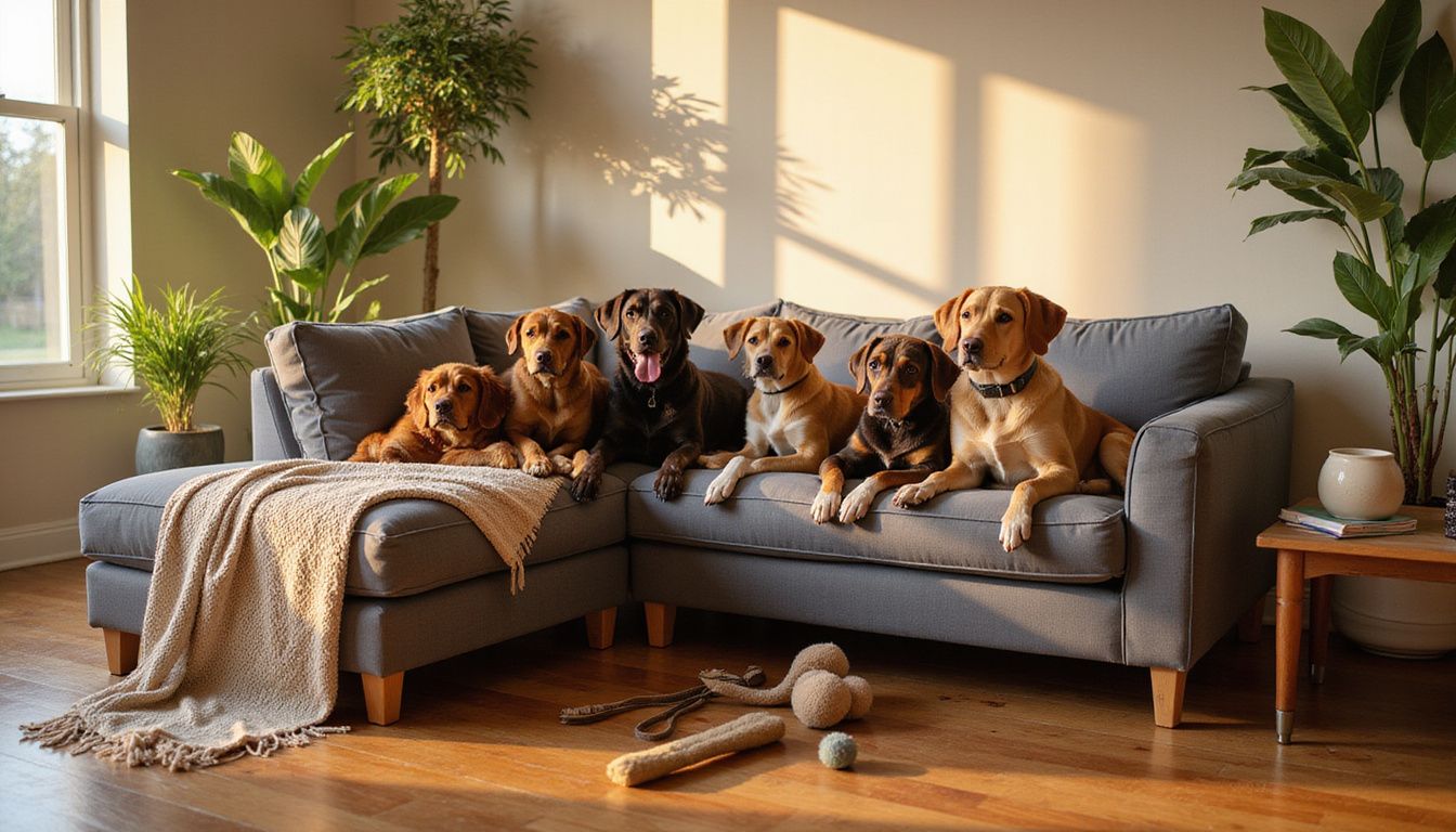 A cozy living room scene features six relaxed dogs of various breeds on a sectional sofa, showcasing companionship and comfort.