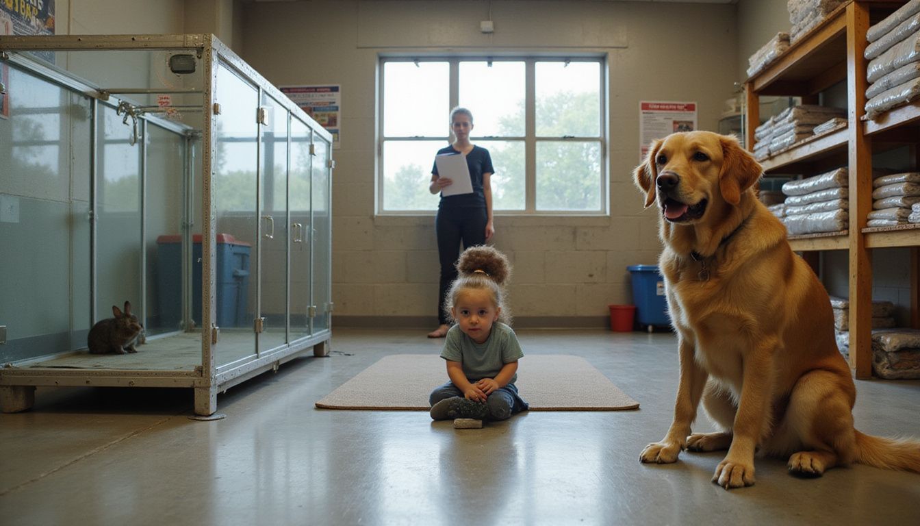 A golden retriever interacts with a focused child in an animal shelter assessment room, surrounded by pet supplies and a rabbit.