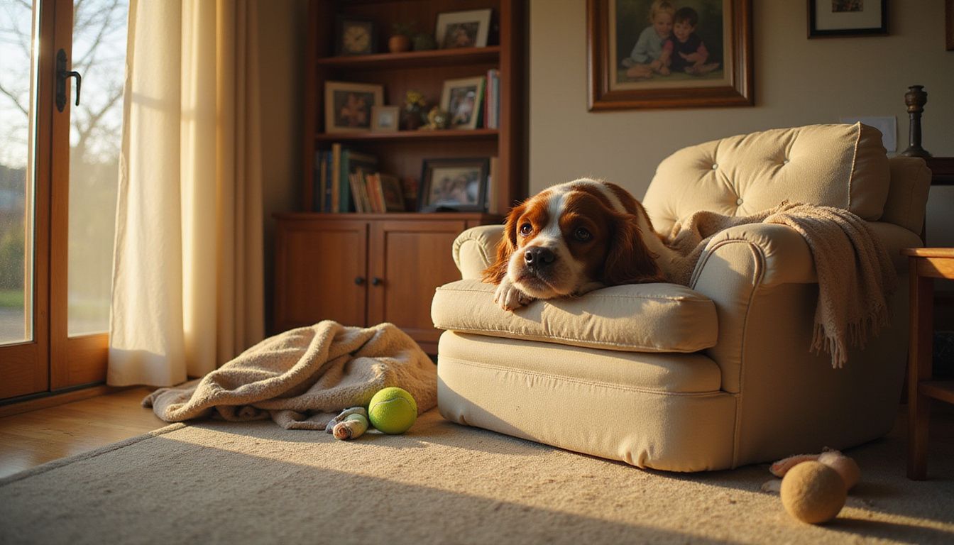 A Cavalier King Charles Spaniel rests its head on an armchair in a cozy, lived-in living room.