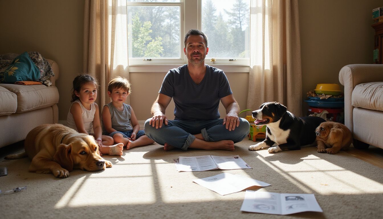 A focused parent observes their curious children interacting with three dogs in a typical, lived-in family living room.
