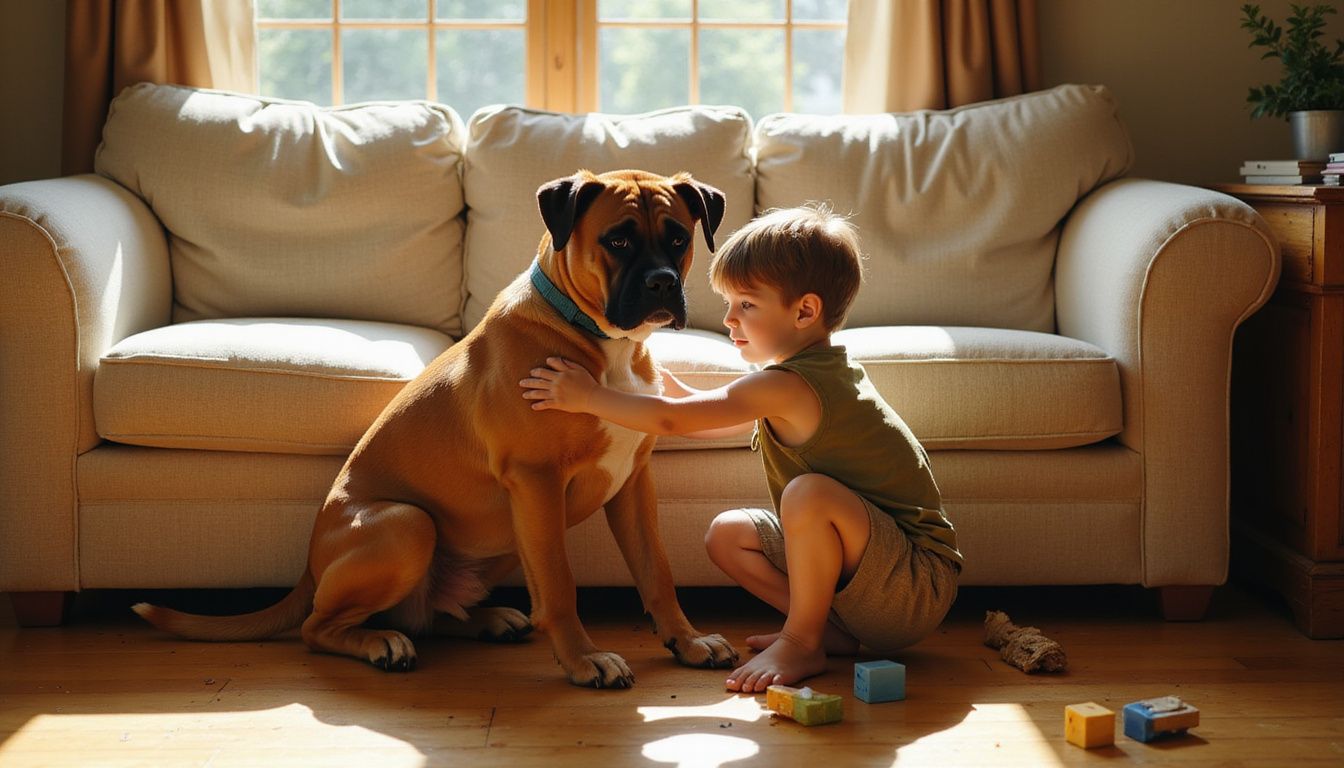 A young child relaxes beside a muscular Boxer dog in a cozy, lived-in living room filled with toys.