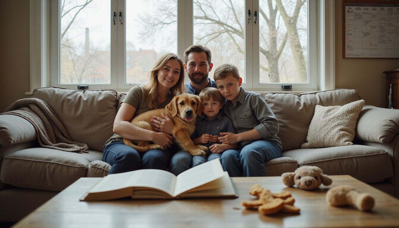 A family of four relaxes on a well-loved couch with their golden retriever puppy in a cozy living room.