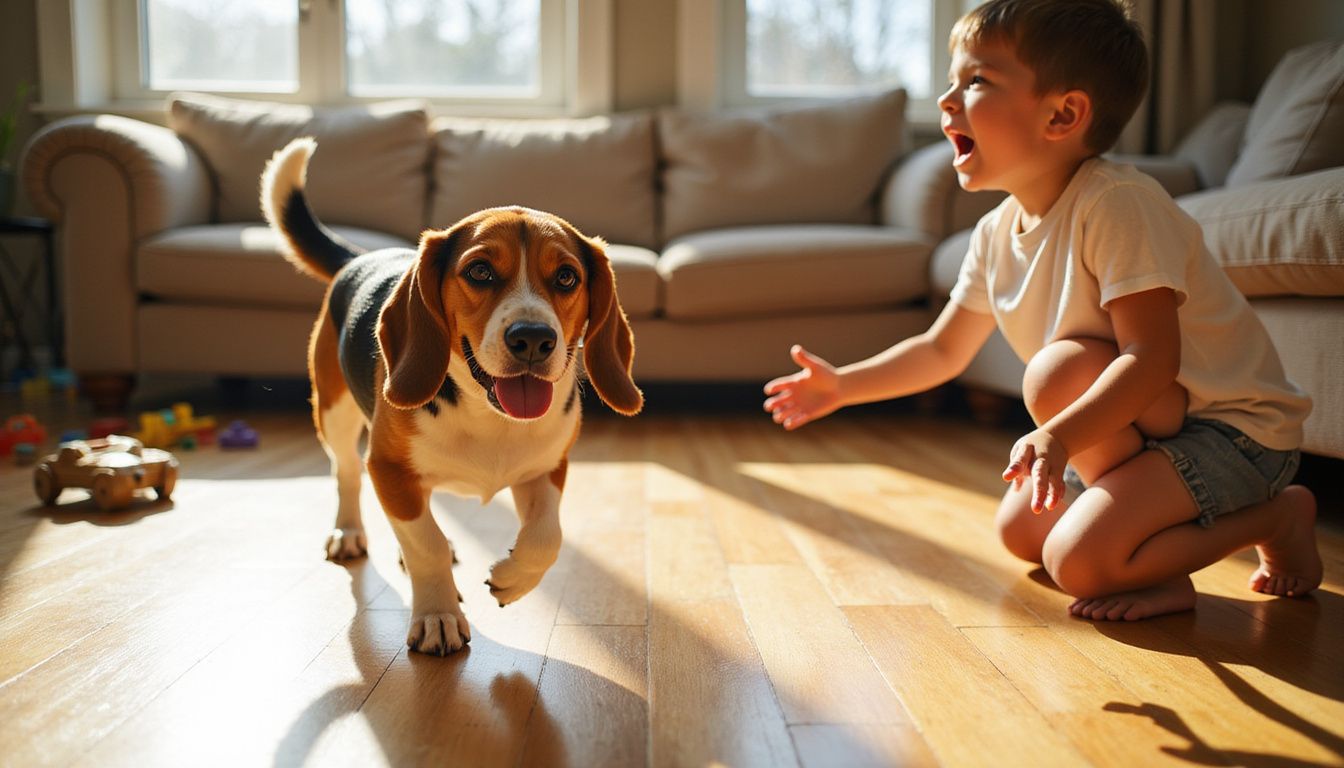 A joyful tricolour Beagle runs towards a child eagerly welcoming it in a cozy living room filled with toys.