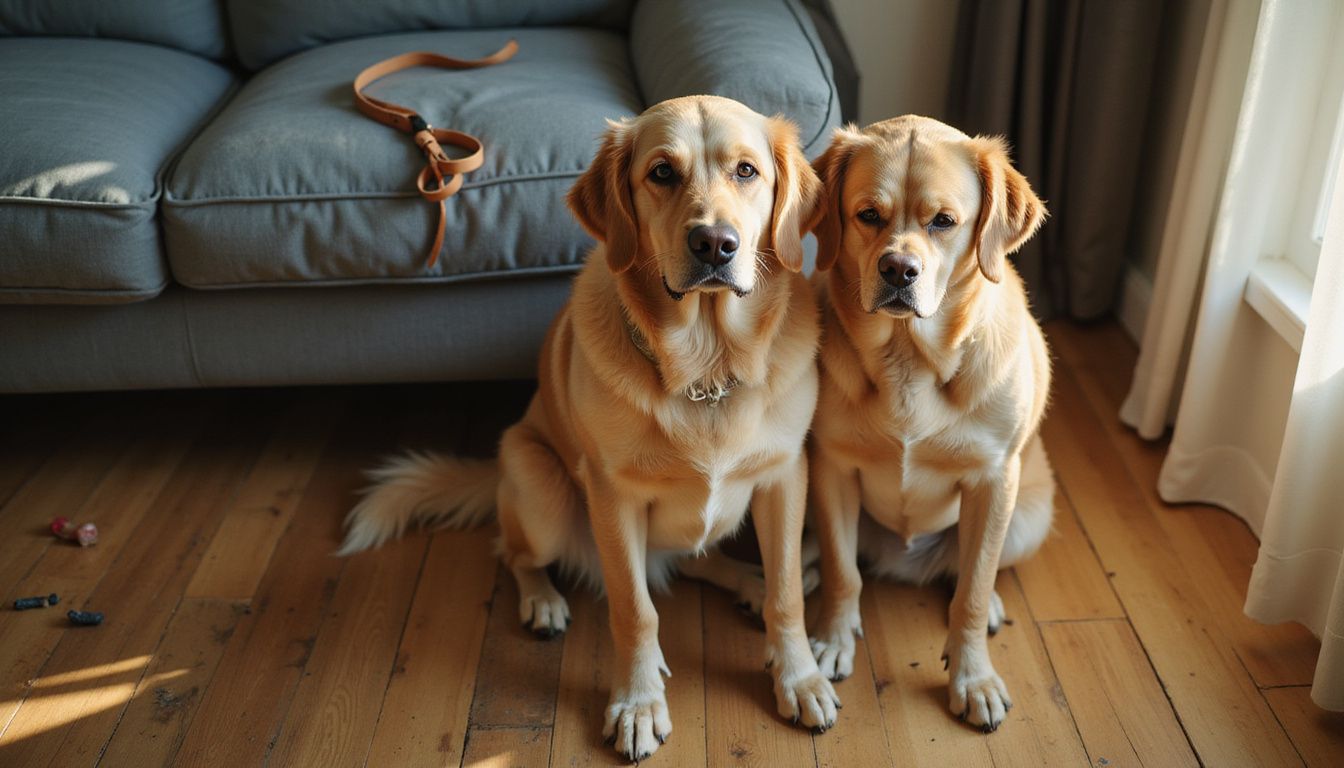 A golden retriever attentively sits beside a middle-aged man in a cozy living room filled with dog toys.