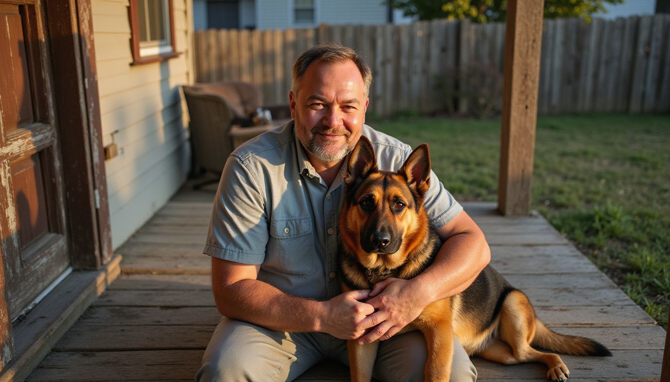 A relaxed man sits on porch steps with a German Shepherd resting against him, showcasing authentic textures and signs of wear.