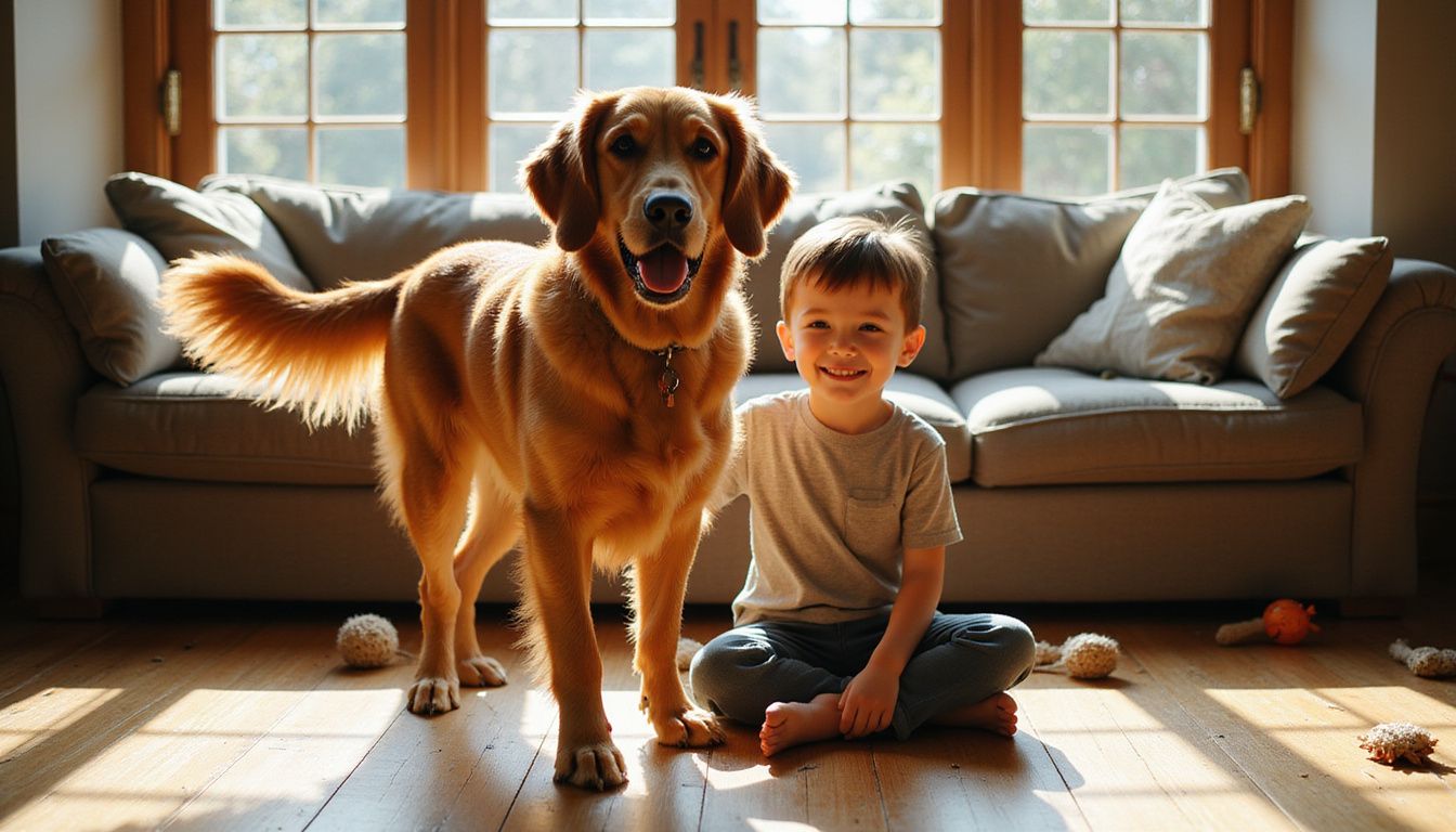 A golden retriever stands beside a smiling child in a cozy living room filled with toys and worn furniture.