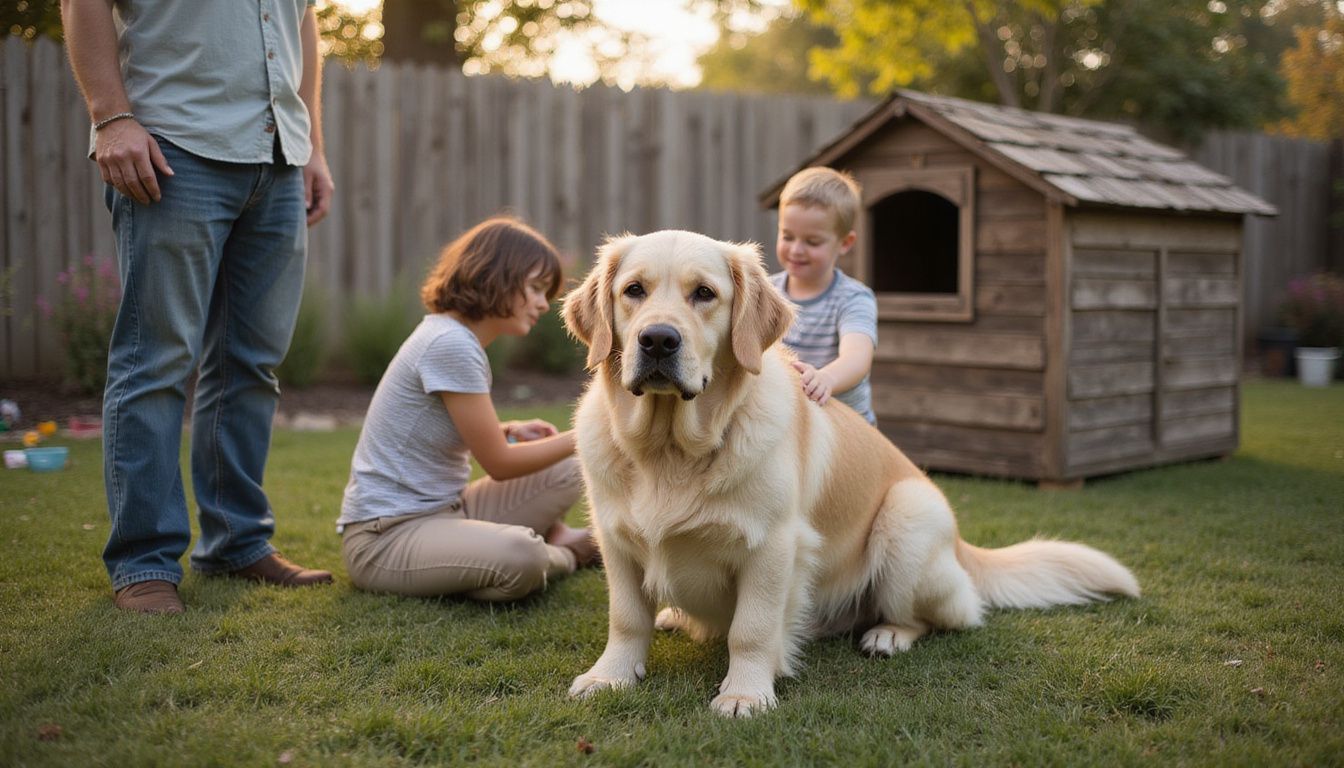 A golden retriever relaxes in a backyard while a family interacts affectionately with the dog.