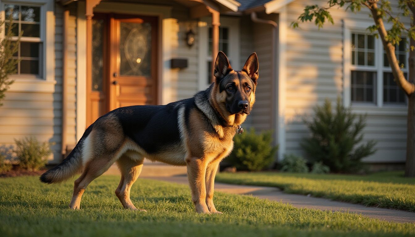 A muscular German Shepherd stands alert at a home's entrance, showcasing its protective instincts and devoted nature.