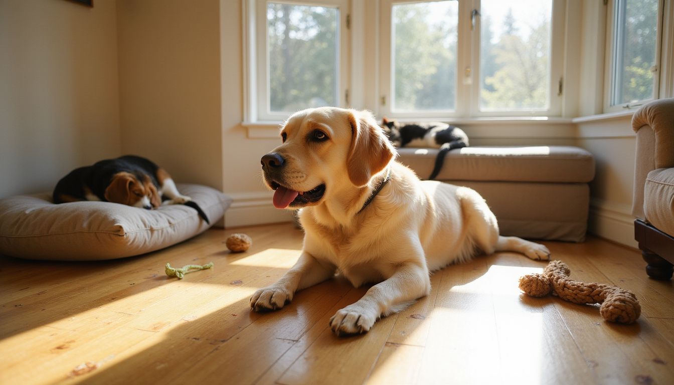 A Golden Retriever sits peacefully on a hardwood floor, surrounded by a cat and a Beagle in a cozy living room.