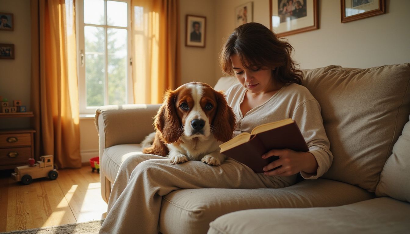 A Cavalier King Charles Spaniel sits contentedly on a sofa while a woman reads a book nearby.