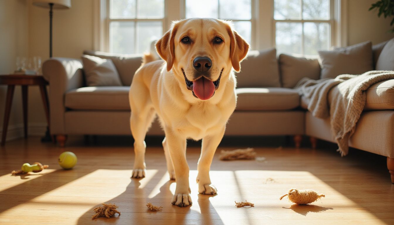 A golden Labrador Retriever stands calmly in a cozy living room filled with dog toys and a comfortable couch.