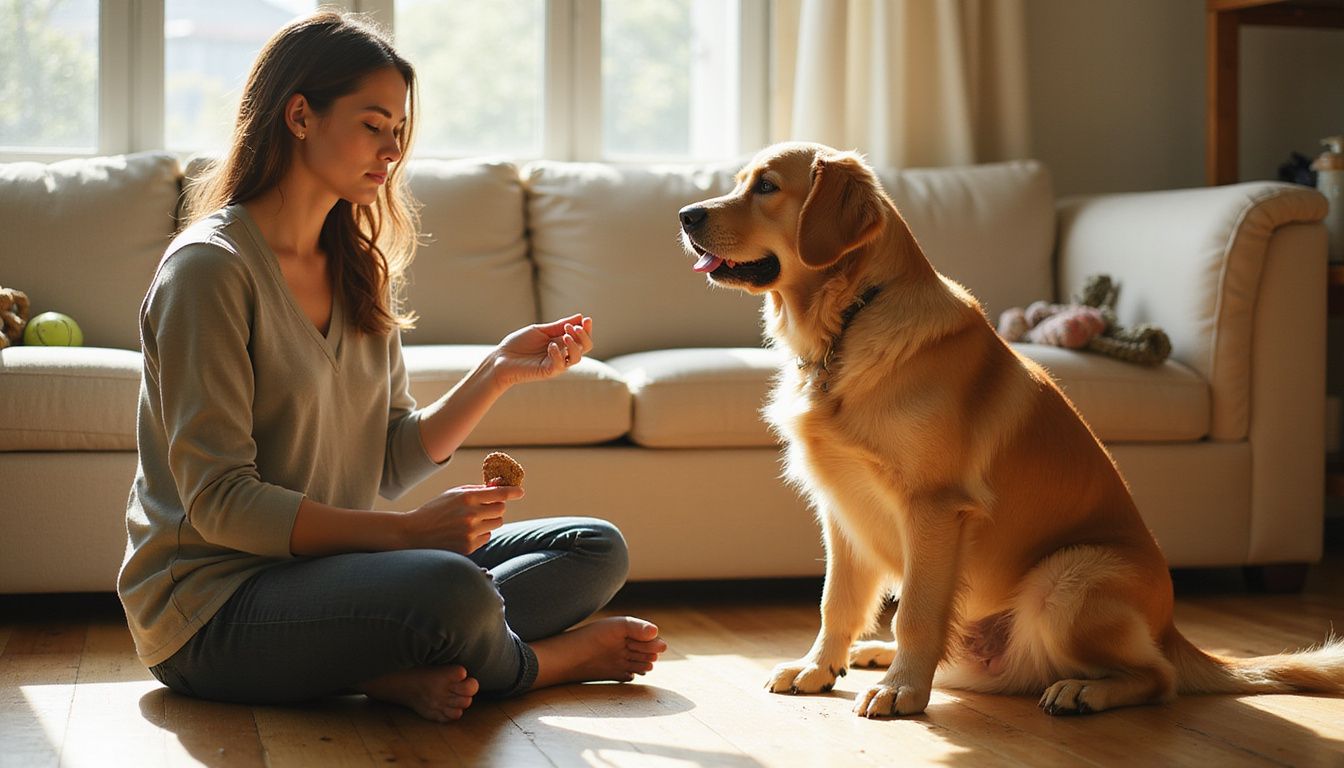 A woman sits on the floor with a Golden Retriever, both focused on a treat in her hand.