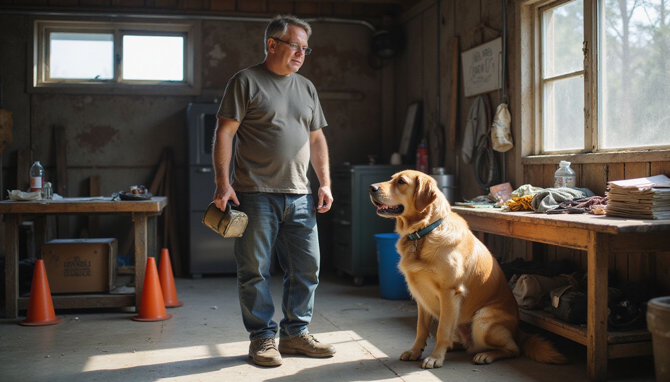 A focused man trains a golden retriever in a cluttered garage.