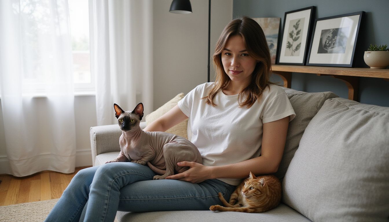 A woman sits casually on a couch, accompanied by a Sphynx cat on her lap and a Bengal cat nearby.