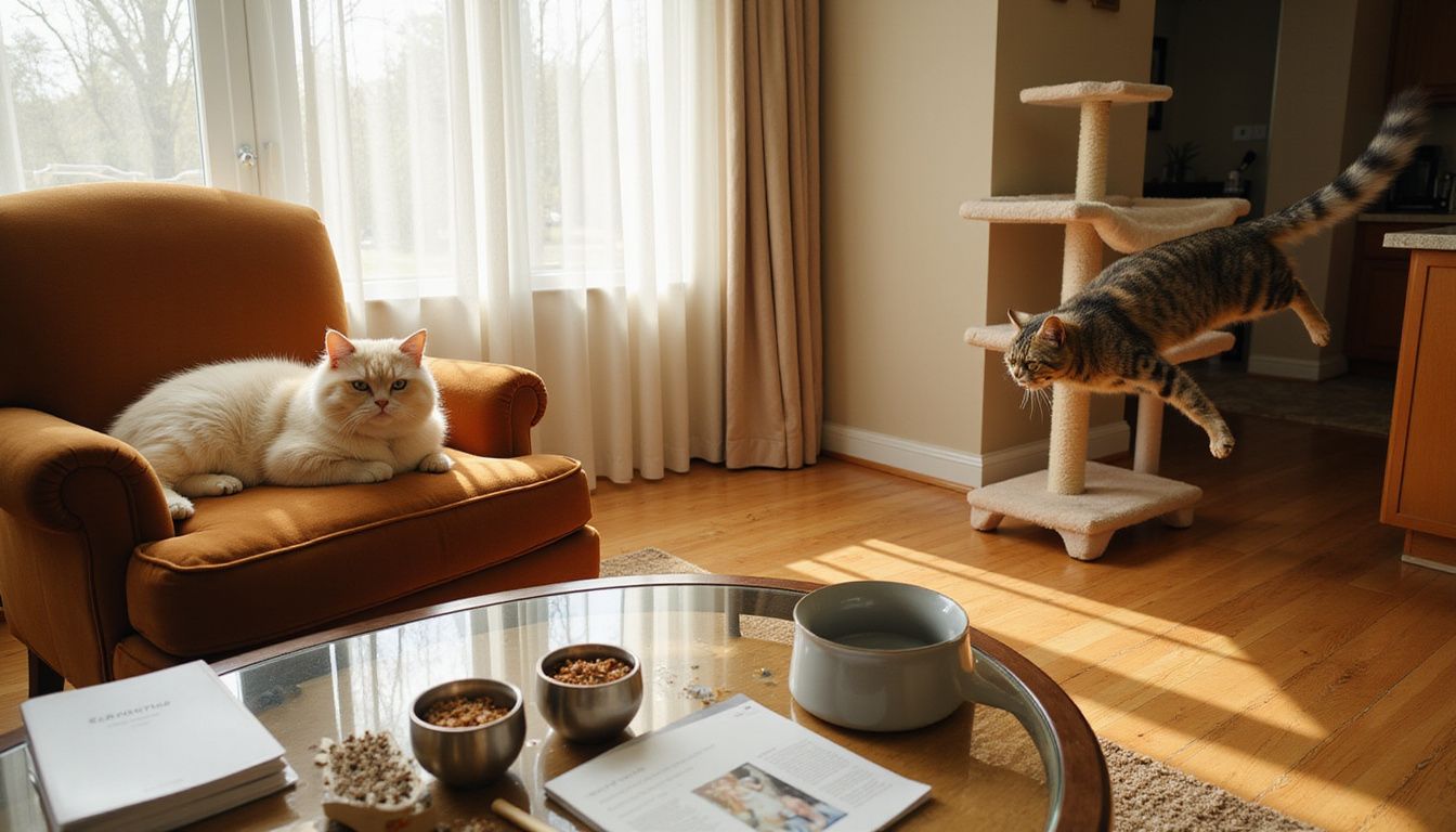 A relaxed cream Exotic Shorthair cat lounges on a chair while a tabby cat leaps toward a cat tree.