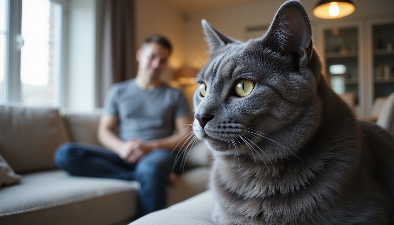 A close-up of a Russian Blue cat's fur reveals its rich texture and color, with a person calmly seated in the background.