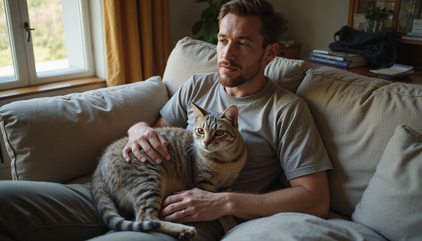 A relaxed man sits on a worn couch with a content Cornish Rex cat beside him, embodying domestic tranquility.