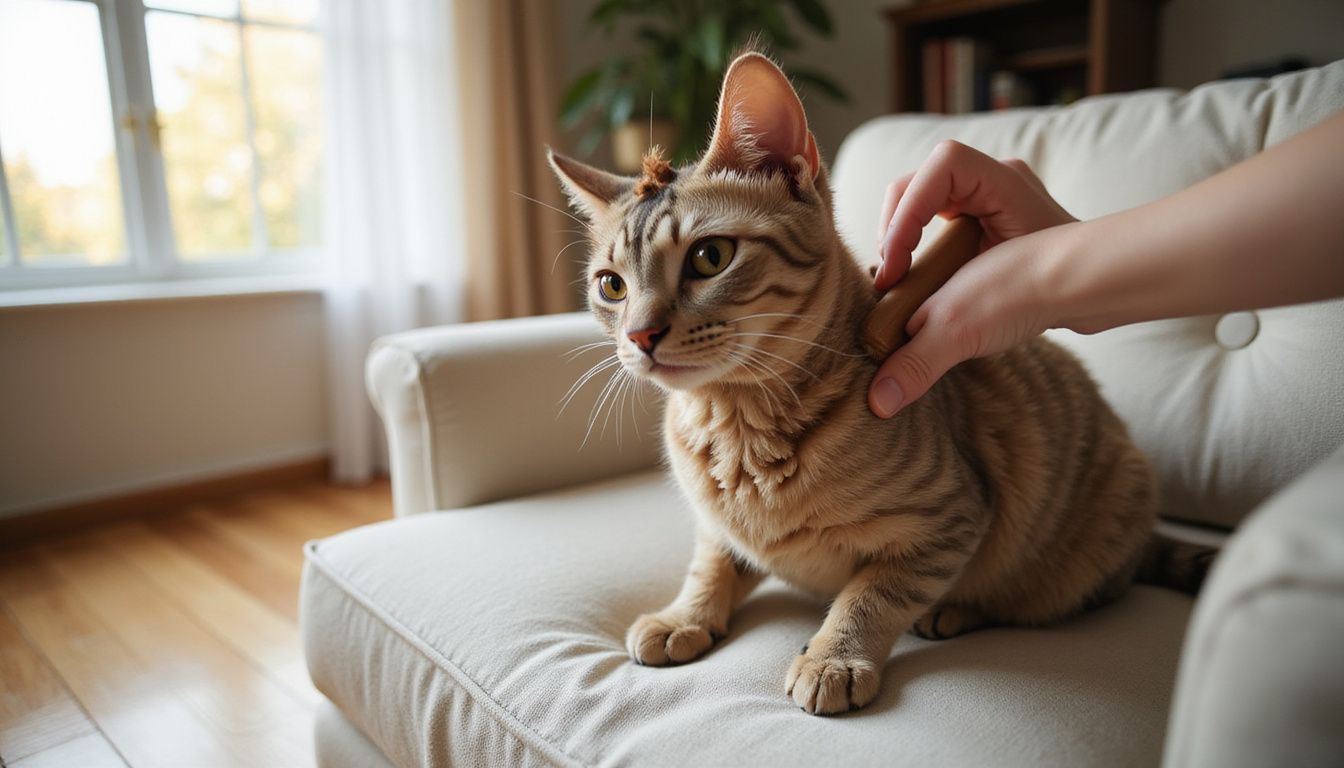 A Devon Rex cat is being groomed with a soft brush, showcasing its unique curled fur and relaxed demeanor.