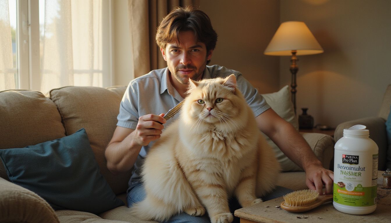 A middle-aged person grooms a large Siberian cat on a well-worn sofa, managing allergies while the cat relaxes.