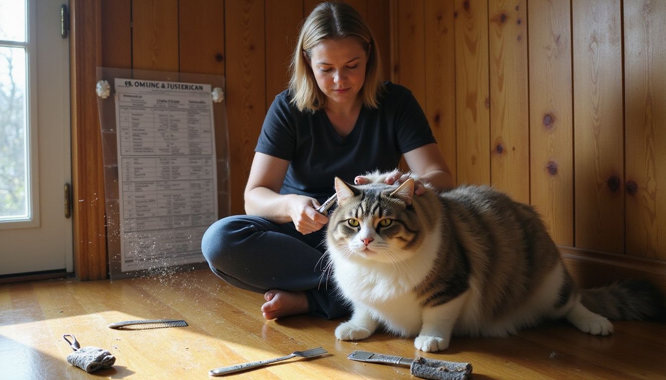 A woman grooms a large Siberian cat with a metal brush on hardwood flooring, surrounded by grooming tools.
