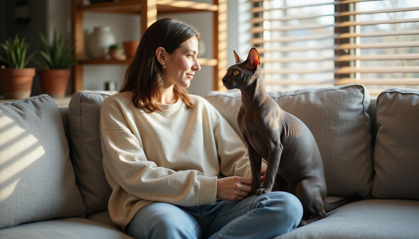 A relaxed woman smiles softly at her sleek Cornish Rex cat on a contemporary gray sectional sofa.