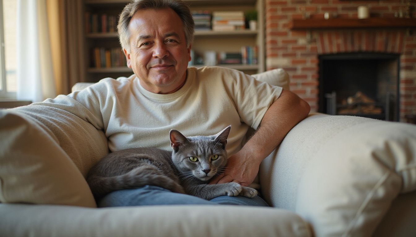 A middle-aged person relaxes on a couch, gently stroking a Russian Blue cat nestled in their lap.