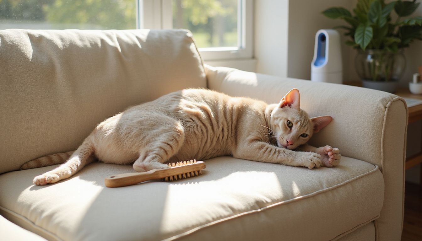 A Cornish Rex cat lounges on a clean linen sofa, with a slicker brush nearby and an air purifier in the background.