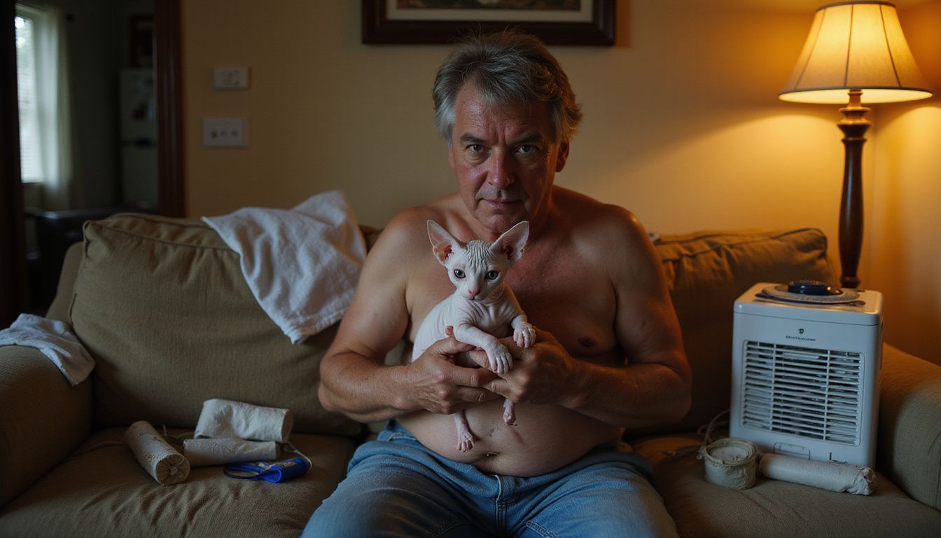 A middle-aged person cautiously examines a Sphynx cat while surrounded by allergy management tools in a cluttered living room.