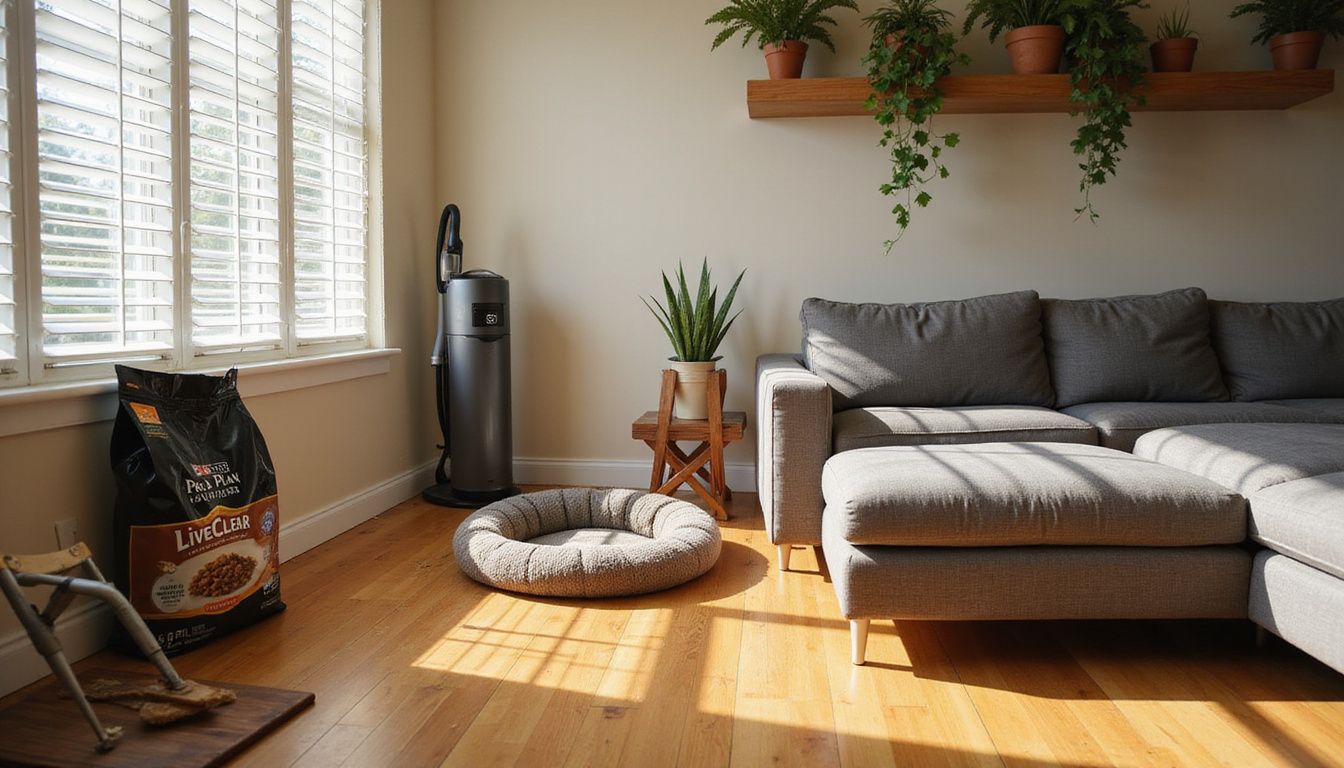 A cozy home interior featuring pet care items, a vacuum, and natural greenery, reflecting everyday use and comfort.