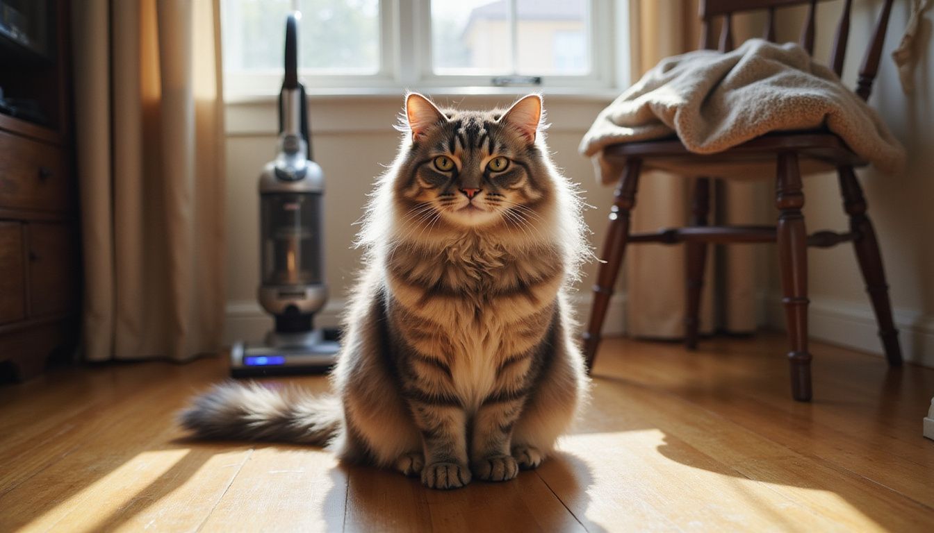A sleek Siberian cat sits gracefully on hardwood flooring, surrounded by home furnishings and a vacuum cleaner in the background.