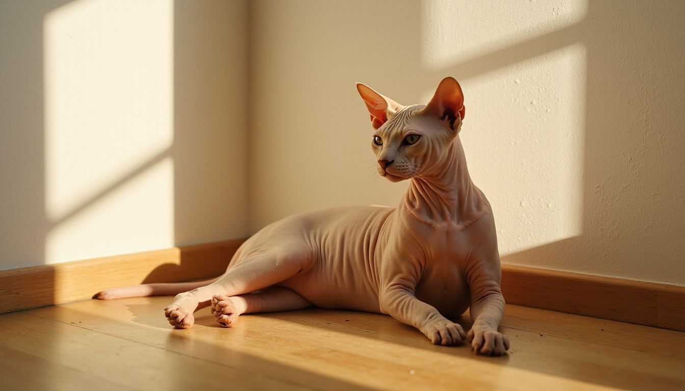A hairless Sphynx cat relaxes on light oak flooring beside an open window, displaying its distinctive wrinkles and skin texture.
