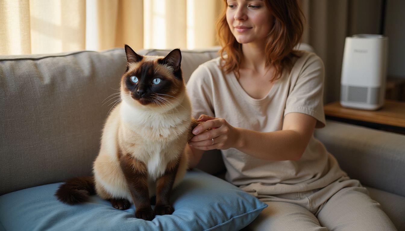 A woman gently grooms her attentive Balinese cat on a cozy sofa, highlighting their bond and the cat's beautiful coat.