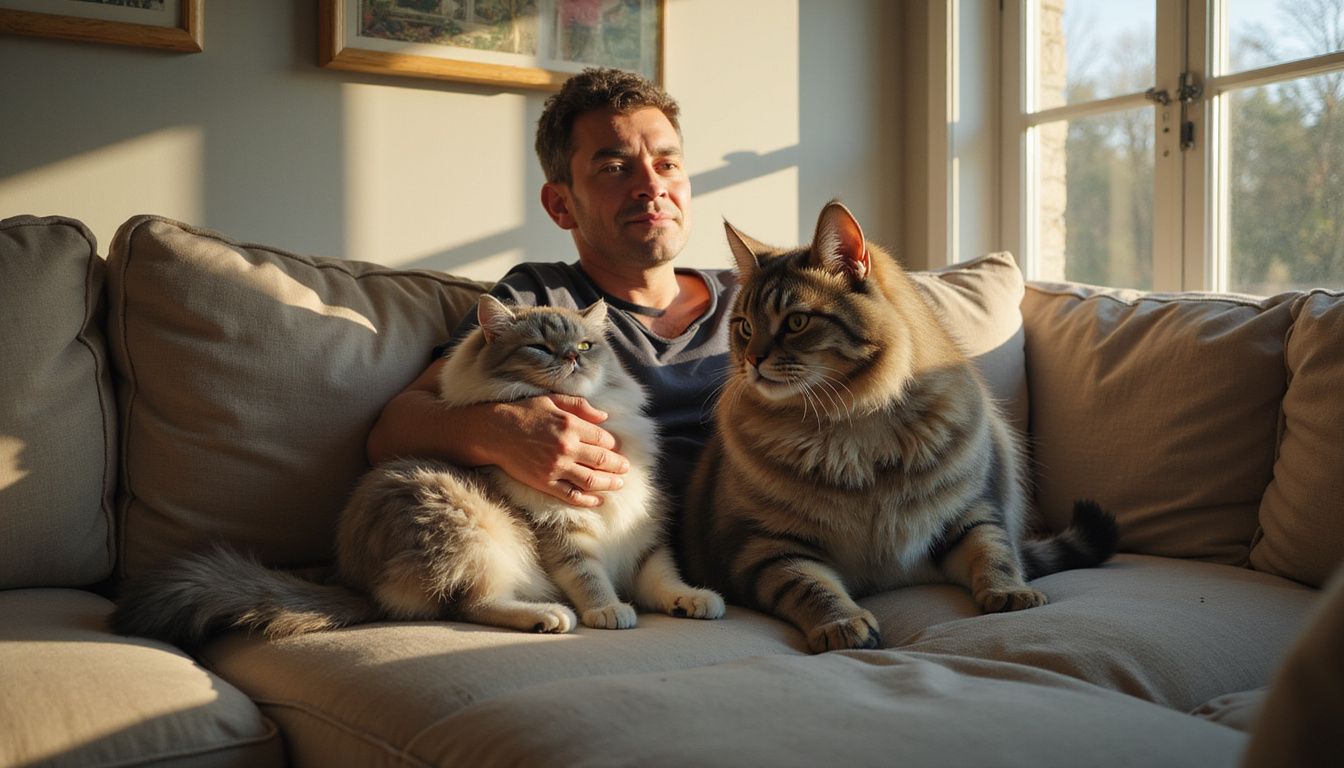 A middle-aged person relaxes on a couch with a large Siberian cat, showcasing a serene and peaceful moment.