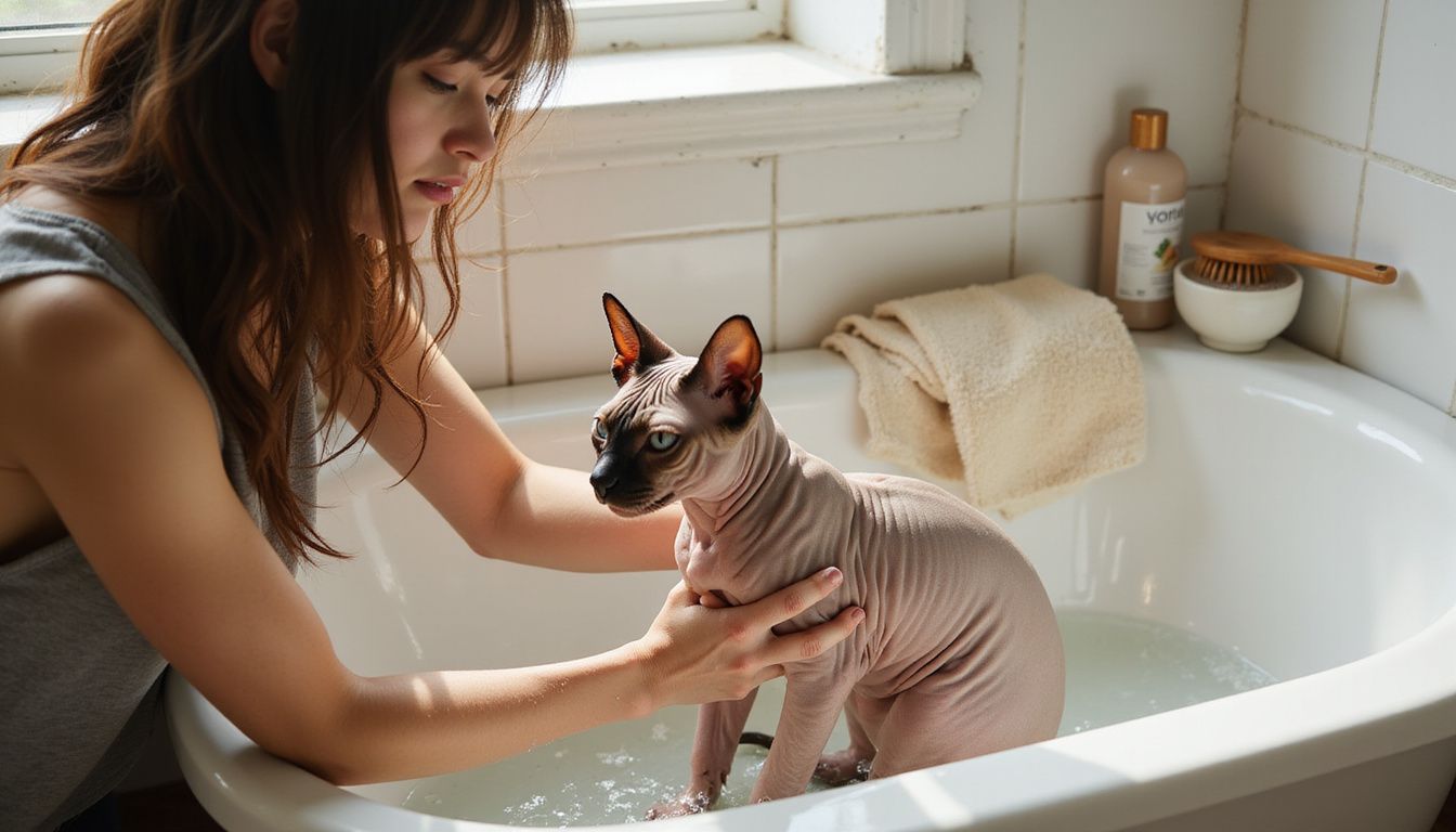 A woman gently baths her hairless Sphynx cat in a ceramic bathtub, showcasing tender pet care.